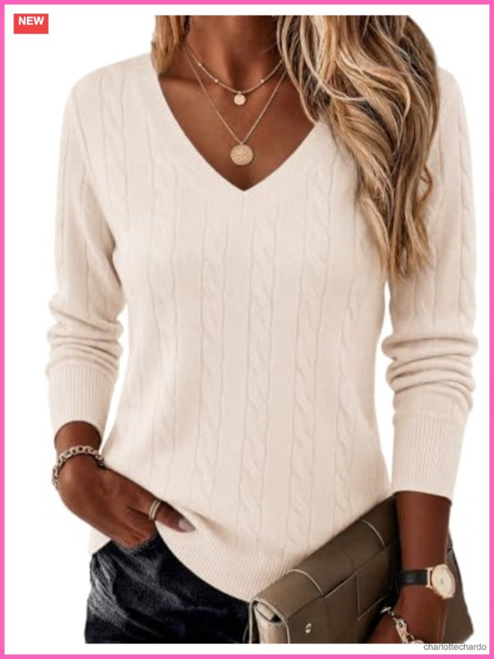 Women Cable Knit V Neck Long Sleeve Sweater Lightweight Pullover